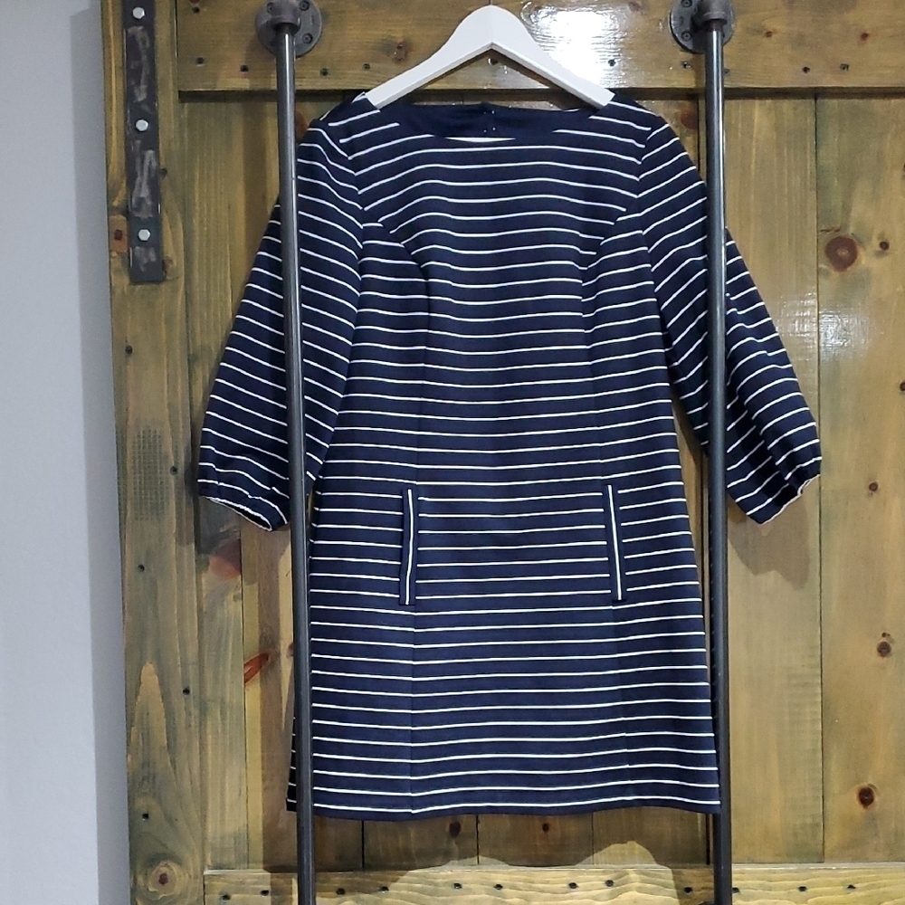Navy Striped Dress Open Back Boat Neck Ponte Size 12P Coastal Nautical Preppy